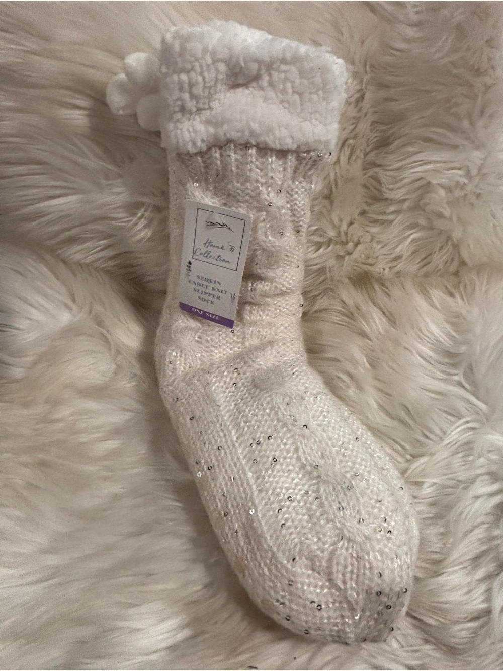Sequin Cable-knit Slipper Sock Sherpa Lined